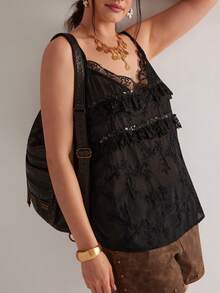 Freevana 大码女式夏季休闲蕾丝拼接吊带背心 - 黑色 - 查看 3