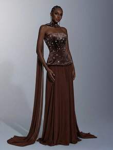 Elitara 优雅、浪漫、性感、简约、弹力丝绒面料、网纱拼接、水钻点缀、垂坠亮片装饰、加大码连衣裙、时尚、节日、度假、生日派对、婚礼、正式晚宴礼服 - 咖啡棕 - 查看 5