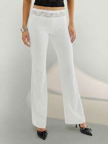 Aloruh Women's Solid Color Low Waist Lace Patchwork Black Maxi Pants - White - View 3