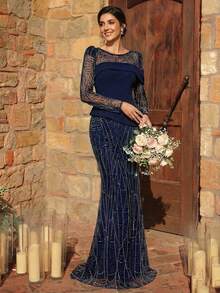Serin Elegant Luxurious Navy Blue Beaded Puff Sleeve Sequin Floral Splice Stretchy Knit Mermaid Skirt, Suitable For Weddings, Parties, Vacations, Galas, Holidays, Mother Of The Bride Evening Gowns - Navy Blue - View 5