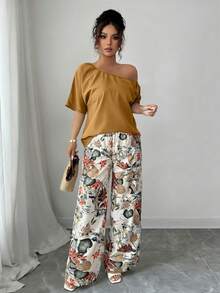 Selianne 2pcs Women Solid Color Asymmetrical Shoulder Top & Floral Print Pants Set - Brown - View 4