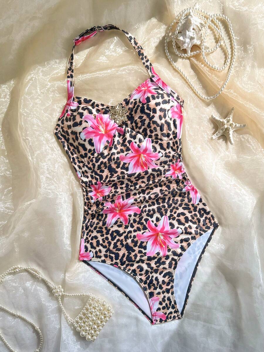 Teen Girl Leopard Floral Print One-Piece Swimsuit, Summer Beach Vacation - Multicolor - View 1