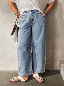 EMERY ROSE 女士休闲宽松牛仔裤，带口袋 - 藍色 - 查看 4