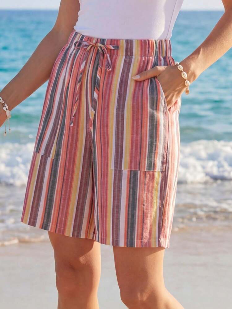 Women's Rainbow Striped Waistband Tie Pocket Shorts,Vacation