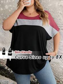 SHEIN CURVE+ Plus Colorblock Batwing Sleeve Tee, Summer 8xl Women Clothes Plus Size T-Shirts - Multicolor - View 9