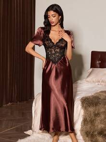 Slumberist Lace Trim Faux Silk Sexy Women Nightgown - Coffee Brown - View 3