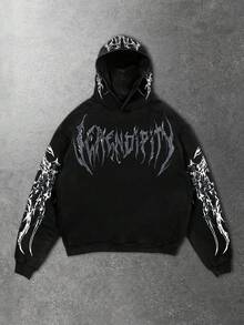 ROMWE MEN Street Life 男士万圣节暗黑金属朋克风街头宽松骷髅十字架印花连帽卫衣 - 黑色 - 查看 2