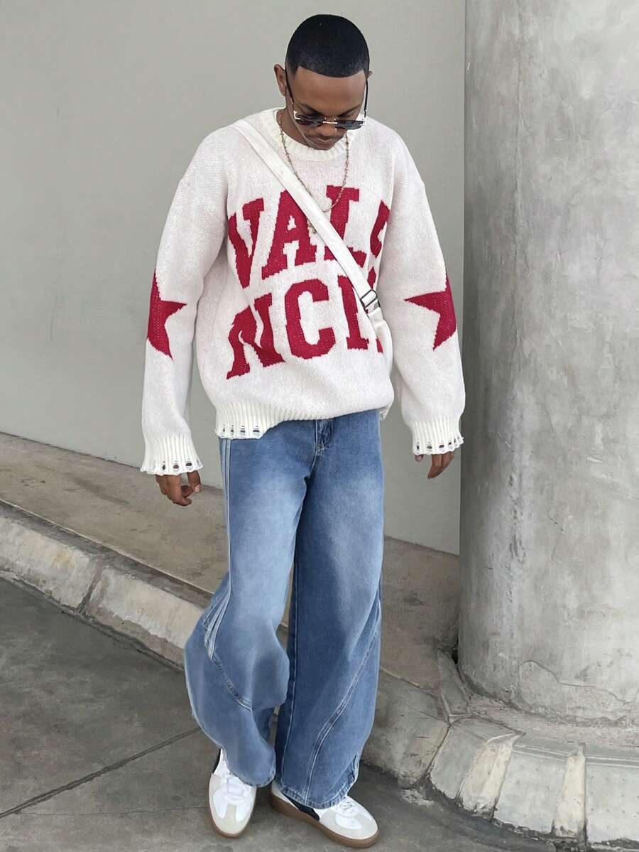 Ngobest Haus Ngobest Haus Distressed Hole Fringe Hem Casual Loose Unisex Knit Sweater With English Letter & Star Print, Round Neck, Drop Shoulder, Long Sleeve, Streetwear Style For Autumn/Winter - Apricot - View 1
