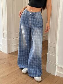 Rivivi Women's Casual Commuting College Style Patterned Washed Loose Wide-Leg Jeans - Blue - View 4