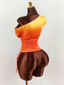 Amplova Damtröja med åtsittande midja, löst kontrasterande bokstavstryck, streetwear, sexig, asymmetrisk axel, mångsidig retroklassiker - Multifärgad - Visa 3