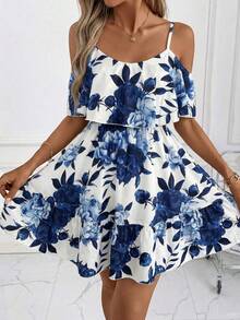 SHEIN Clasi Women's Floral Print Ruffle Off-Shoulder Short Sleeve Elegant Mini Dress, Suitable For Daily Wear, Holidays And Romantic Occasions, Spring/Summer ,Summer Dress - Navy Blue - View 6