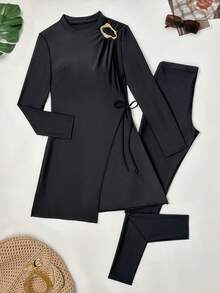 Swim Mulvari Bộ 2 món màu đen: Áo dài tay cổ tròn xếp ly và quần đen, trang phục Burkini thường ngày cho nữ đi nghỉ mát. - màu đen - Xem 3