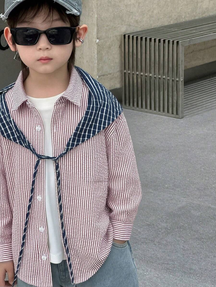 Dazy Kids 男童条纹 Polo 领单排扣休闲百搭日常长袖衬衫 - 紅色 - 查看 1