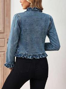 EMERY ROSE Women's Solid Color Ruffle Trim Regular Shoulder Casual Short Denim Jacket - Blue - View 2