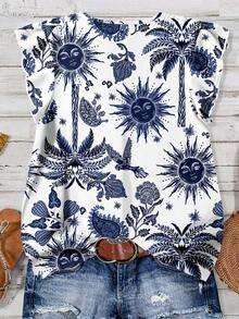 Rusticease 女士蓝白椰树太阳度假印花V领短袖修身衬衫，海边度假休闲衬衫，适合约会、郊游、散步、周年纪念等场合 - 彩色 - 查看 2