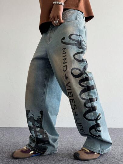 PAVTROS Jeans de mezclilla casual para hombres con estampado de letras y bolsillos en ángulo