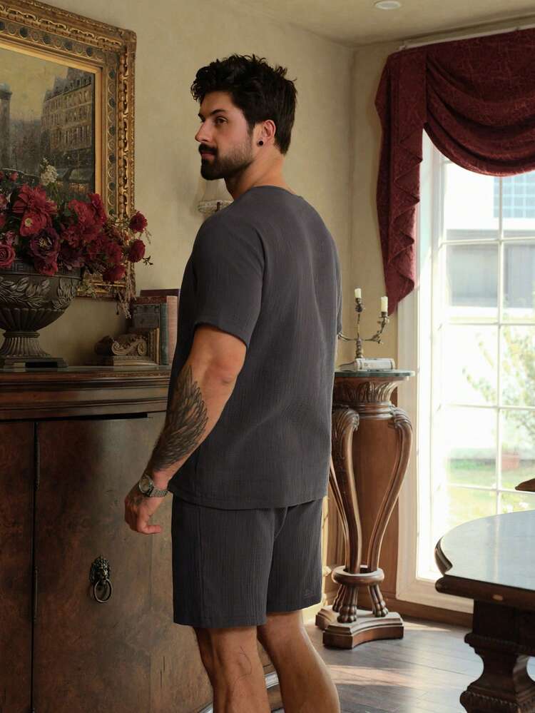 Grey Short Sleeve T-Shirt Paired With Shorts, Men's Summer Pajama Set