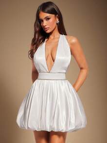 Radiana 女士性感优雅浪漫白色水晶镶边深V领露背迷你泡泡裙，柔软缎面材质，适合夜晚、约会、派对、鸡尾酒会、舞会、音乐会、生日、婚礼、嘉年华、春季等场合。 - 白色 - 查看 2