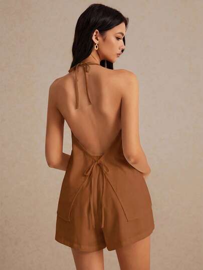 Poéselle Women's Summer Solid Color Halter Neck Tie Front Vest And Women Shorts Casual Two Pieces Set Linen Lace-Up Vest Shorts Two Pieces Set, Fabric Breathable And Comfortable, Simple Fashion Old Money Style, Suitable For Daily Holiday Commuting Home Wear