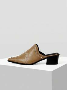 Mnmlis Giày mules cao gót mũi nhọn đính đá thời trang nữ, thích hợp cho dịp Giáng sinh - Màu Khaki - Xem 1