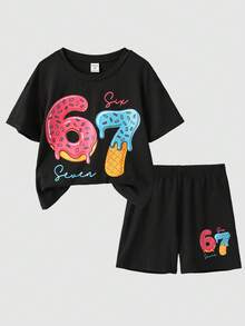 SHEIN 2pcs/Set Young Girls' Six Seven Print Knit Loose T-Shirt + Leggings Set, Casual, Fashionable, Versatile, Suitable For Party, Outing, Photoshoot With Friends, Park, Camping, Vacation, Daily Casual Wear - Black - View 5