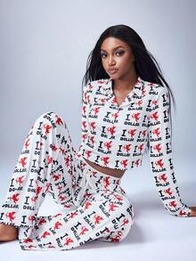 Y2Kool Maria Clara Maia Women's White Cupid All-Over Print Long-Sleeve Cropped Ribbed Top And Pants Pajama Set, Spring/Fall Style - White - View 4