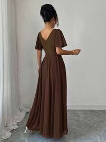 Elenzga Đầm nữ tay bồng cổ chữ V dáng chữ A tối giản, thanh lịch, lãng mạn, tinh tế - Cà phê - Xem 2