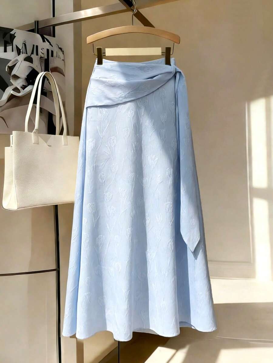 GlowEve 新款女士编织纹理花卉图案弹力腰带飘逸系带阔腿半身裙，优雅休闲日常百搭，春秋季 - 淺藍色 - 查看 1