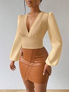 BamGleam Áo kiểu dáng thanh lịch, ôm sát, cổ chữ V, tay phồng, màu trơn. - Màu Khaki - Xem 4