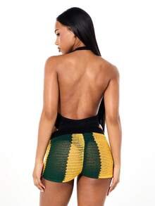 SUMWON WOMEN Sexy Halter Neck Backless Contrast Graphic Bodysuit With Deep Plunge Neckline And Cut Out Side - Black - View 2