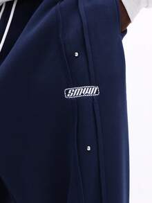 SUMWON 海军蓝抽绳运动裤，白色点缀，宽松舒适休闲居家裤，秋冬季日常穿着，弹性腰带，宽松慢跑裤款式，纯色 - 藍色 - 查看 6