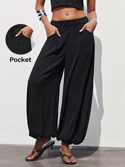 Maija Women's Solid Color Casual Loose Drawstring Pants, Black Pants , Vacation Outfits Women,Spring/ Summer Pants Baggy Loose Pants