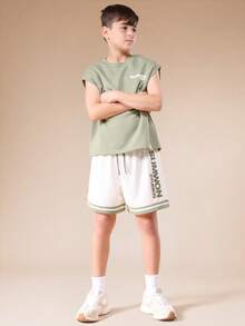 SUMWON Summer Tank Top And Shorts Co Ord Set With Graphic Print And Contrast Hem Detail Casual Two Piece Outfit - Dark Green - View 2