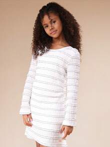 SUMWON Tiered Textured Long Sleeve Mini Dress With Back Keyhole Cutout For Tween Girls Fall Winter Occasions Casual - White - View 4