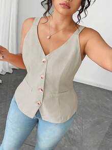SHEIN PETITE Áo tank top cỡ lớn thanh lịch, thắt eo, thích hợp mặc đi làm vào mùa xuân và mùa thu. - Màu Khaki - Xem 6