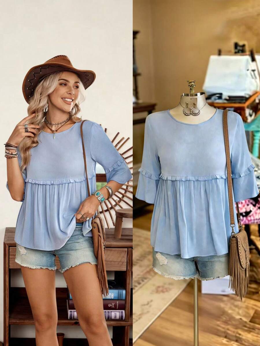 LanaWest Áo sơ mi nữ dáng chữ A cổ tròn tay ngắn viền bèo, chất liệu vải nhăn, màu xanh dương, phong cách phương Tây, mùa xuân/hè. - Màu xanh lam - Xem 1