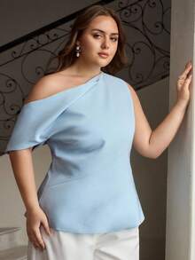 ZEYLAH Blusa elegante de talla grande para mujer con diseño de hombro oblicuo, cremallera lateral y volante en el bajo - Azul - Ver 6