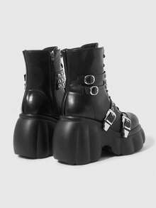 ROMWE Grunge Punk Women Heeled Sandals~ 2026 New Fashion Autumn And Winter Punk Style Black PU Round Head Wedge Heel Thick Bottom Rivet Metal Buckle Front Zipper Buckle Small High Heel Riding Boots Spice Girls Short Boots - Black - View 4