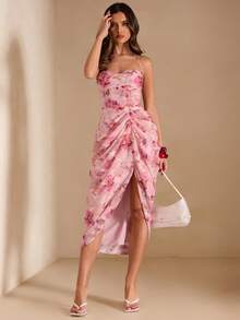 SHEIN BAE 纯粉色提花编织吊带系带露背高开衩性感优雅女式连衣裙，适合度假、约会、音乐节、生日、早午餐、婚礼宾客、伴娘等场合。 - 粉色 - 查看 4