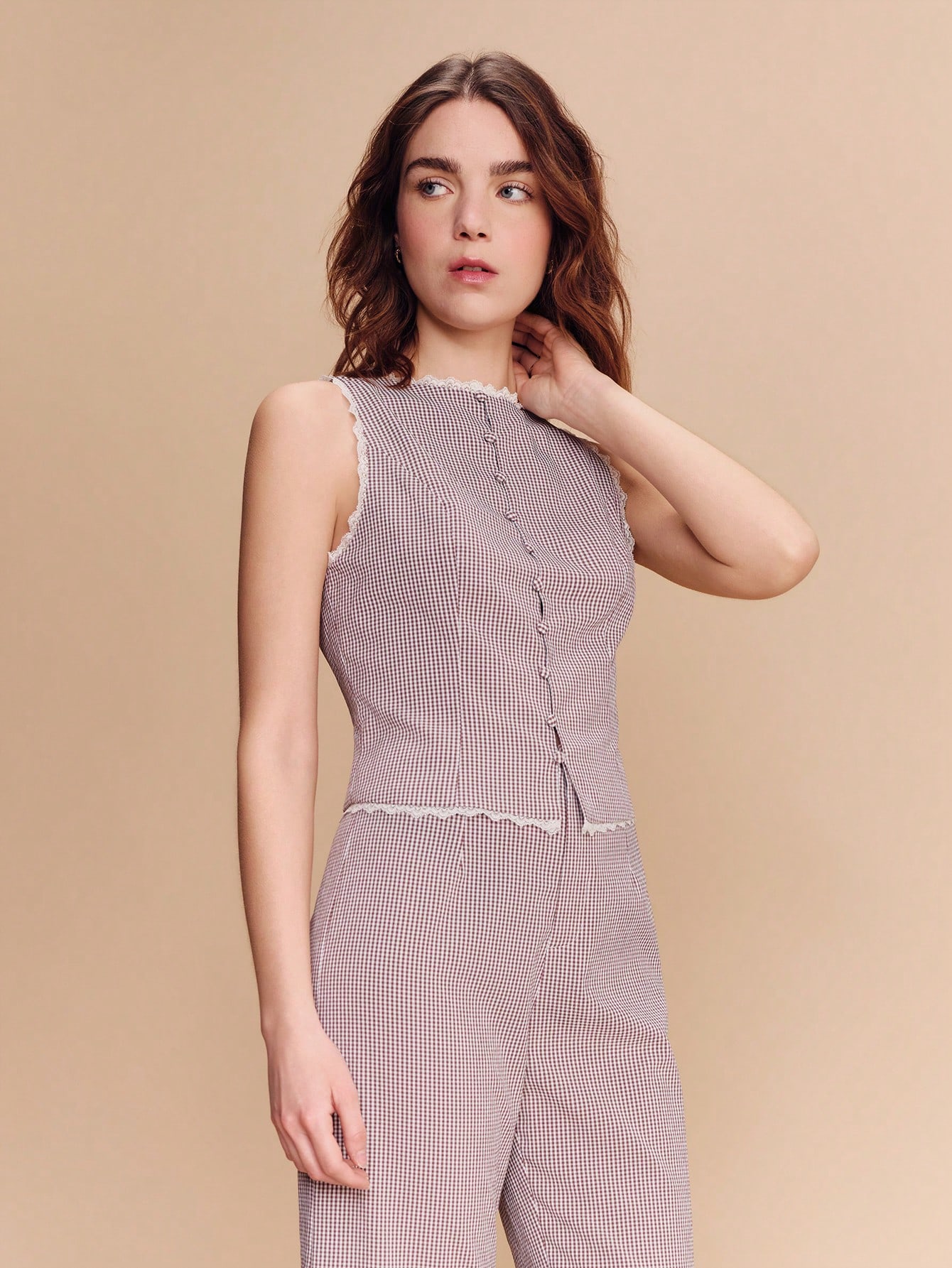 White And Black Gingham Sleeveless Tailored Top With Lace Trim Details And Front Button Opening Spring Summer Vacation French Style Parisian Style Elegant Business Casual