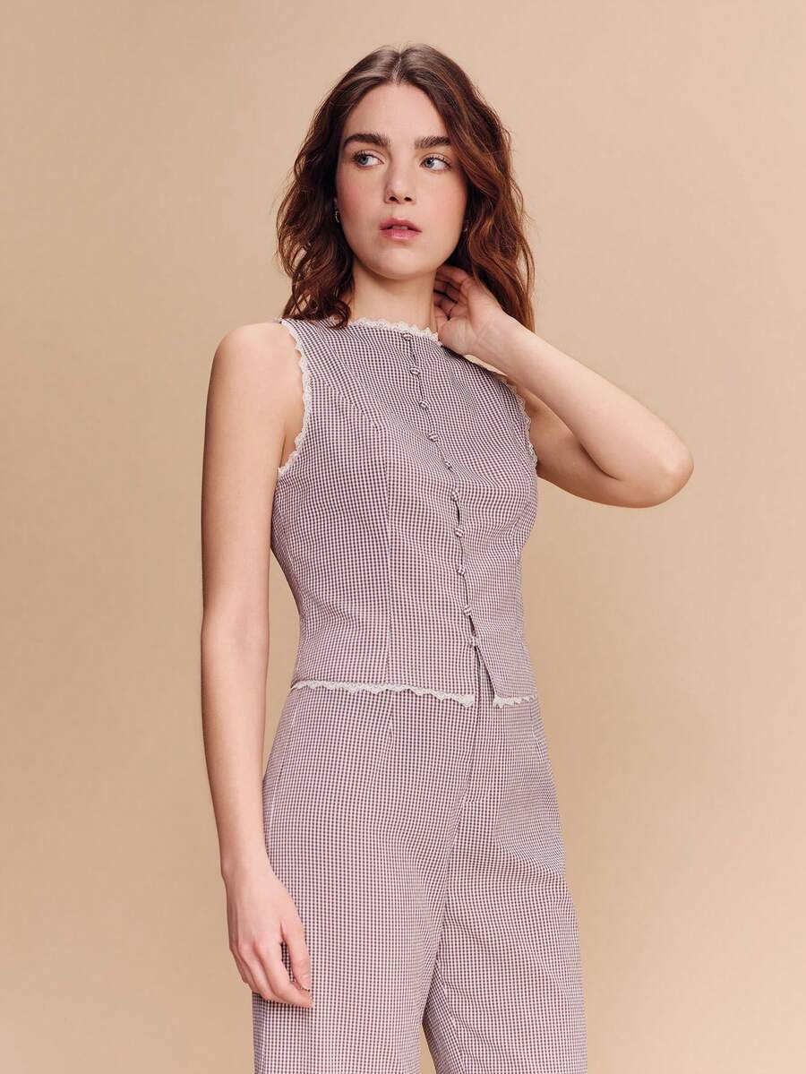 lacRébo 修身无袖上衣，饰有蕾丝细节，正面纽扣开合 - 彩色 - 查看 1