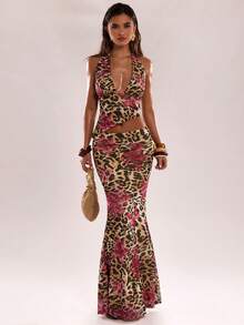 SHEIN BAE Conjunto ajustado con estampado de leopardo y espalda descubierta - Café integral - Ver 1