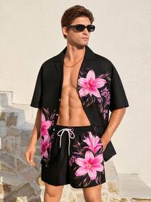 Palasendo Ensemble de plage pour hommes avec Top à manches courtes et shorts imprimés fleuris. Ensemble de maillots de bain pour hommes. Tenue de villégiature pour hommes avec short 2 pièces. Vêtements hawaïens à fleurs pour hommes - Noir - Voir 4