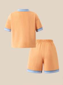 SHEIN Explorewe Young Girl Striped Print Contrast Trim V-Neck Short Sleeve T-Shirt And Elastic Waist Shorts Set - Coral Orange - View 2
