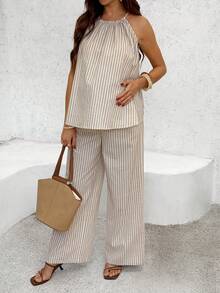 SHEIN Summer Maternity Clothes Maternity Co Ord Set  Pregnant  Vacation Khaki Cotton Striped Halter Neck Maternity Two-Piece Set 2pcs Maternity Striped Sleeveless Top And Pants Set - Khaki - View 8