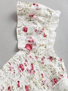 Sweetra Women's Sweet Ditsy Floral Casual Vacation Everyday Versatile Gathered Waist Double Ruffle Trim Square Collar Puff Sleeve Cropped Shirt, Spring/Summer - Multicolor - View 3