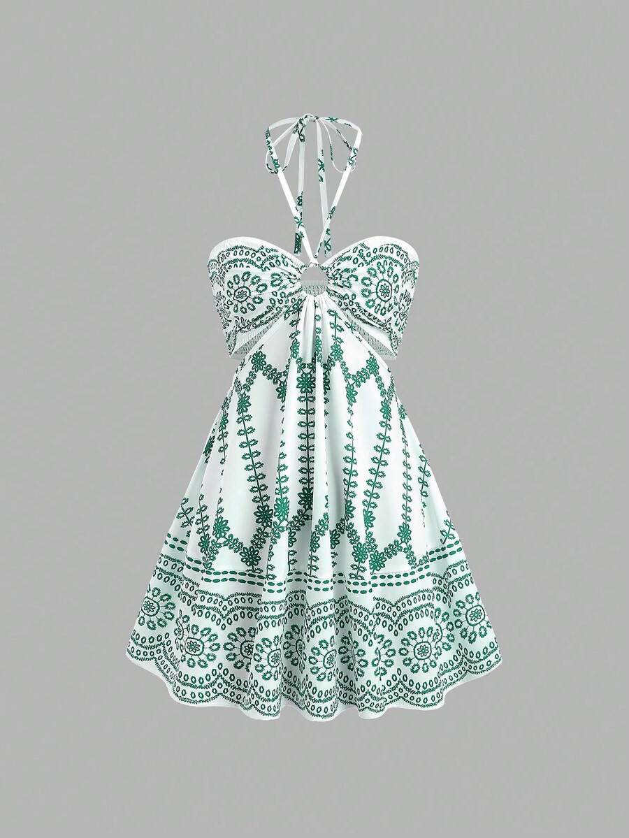 Sweetra 夏季休闲度假紧身露背系带镂空喇叭下摆蓝色印花迷你连衣裙（女款） - 青碧色 - 查看 1