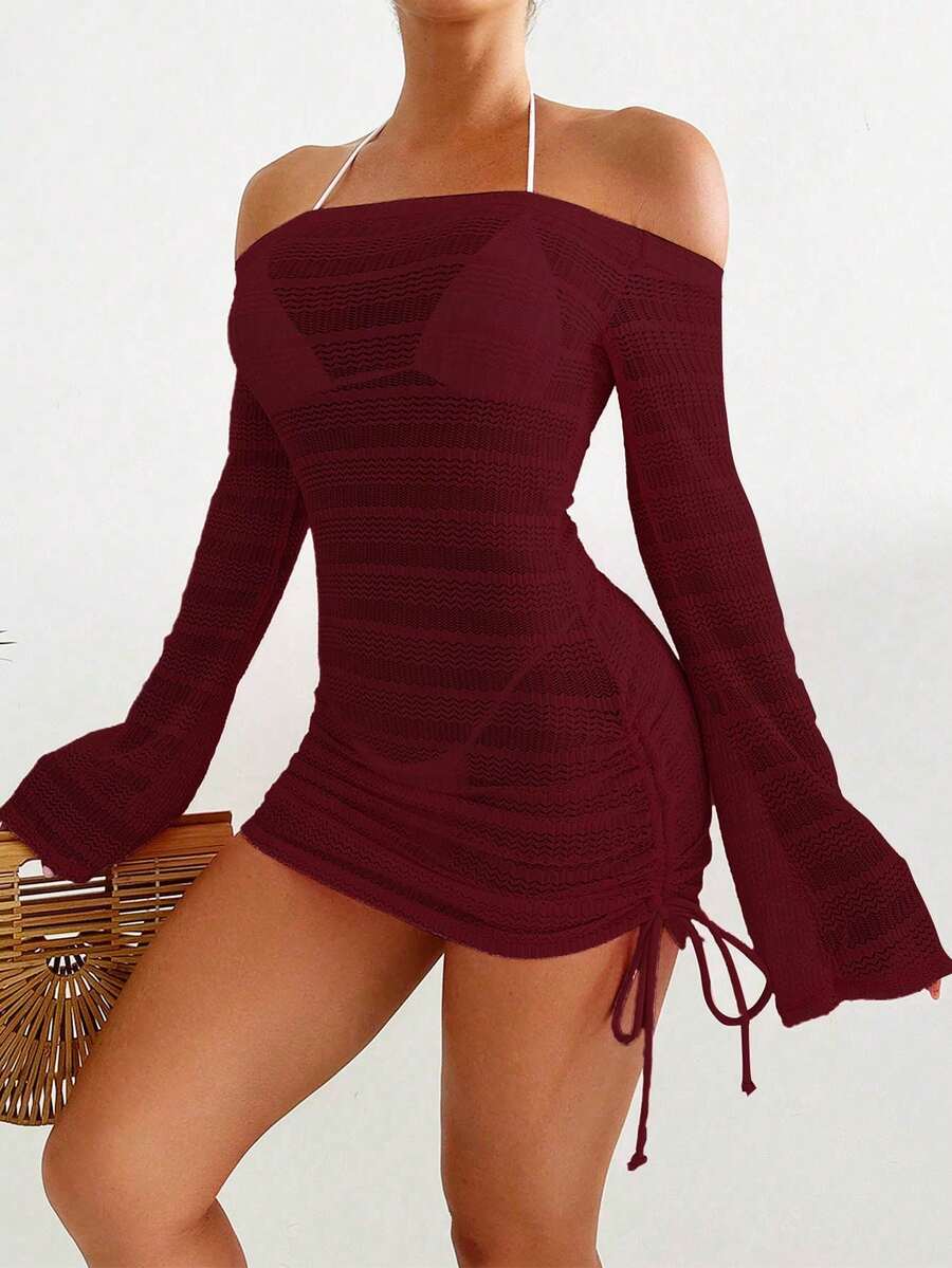 SHEIN X Sofía Suescun Swim SXY Đầm nữ mùa hè màu trơn, trễ vai, tay loe, có dây rút bên hông. - Màu Đỏ Sâu - Xem 1