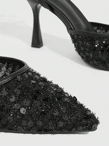 CUCCOO SZL Women's Sequin Mesh Closed Toe High Heel Sandals, Fashionable Casual Wear For Work, Summer/Autumn Valentine's Day - Black - View 6