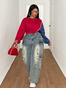 Maweii Women's Casual Loose Contrast Color Plus Size Sweatshirt, Suitable For Daily Casual And Sports Wear - Multicolor - View 3